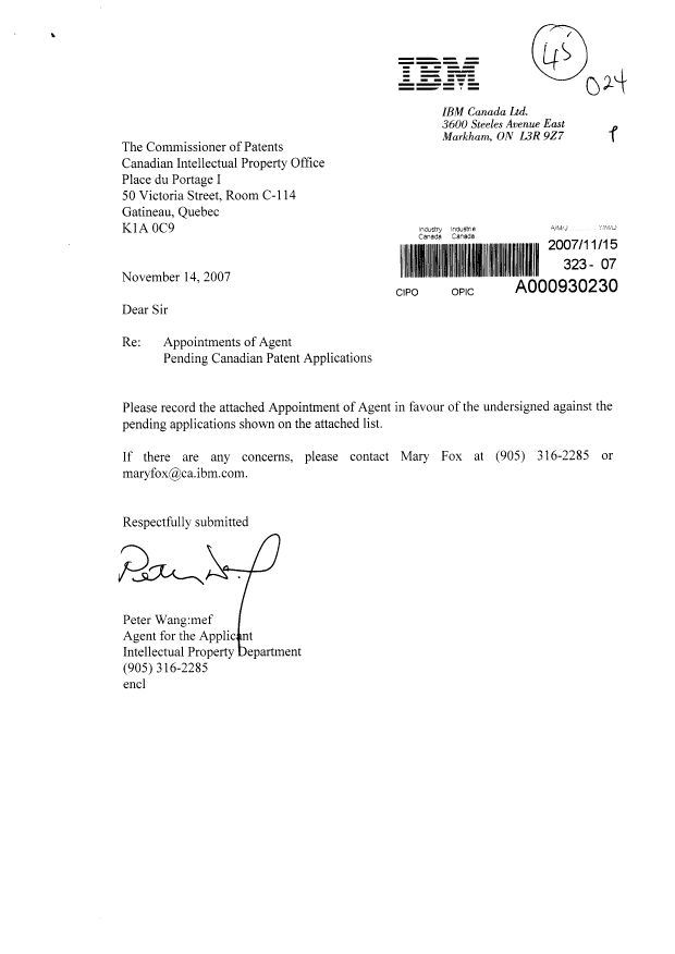 Canadian Patent Document 2524062. Correspondence 20071115. Image 1 of 3