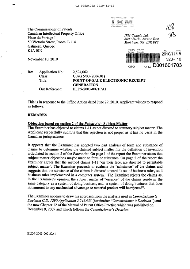 Canadian Patent Document 2524062. Prosecution-Amendment 20101118. Image 1 of 3