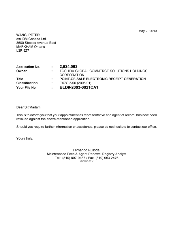 Canadian Patent Document 2524062. Correspondence 20130502. Image 1 of 1