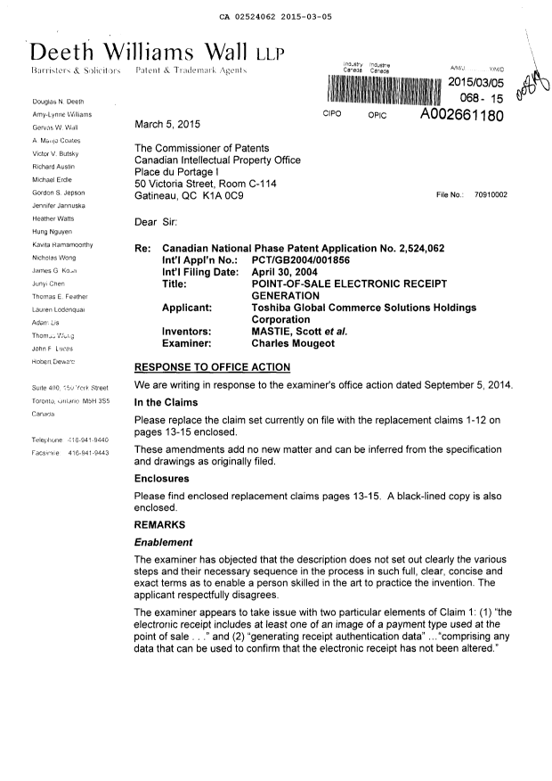 Canadian Patent Document 2524062. Prosecution-Amendment 20150305. Image 1 of 9