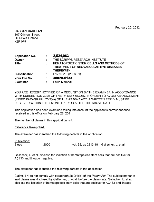 Canadian Patent Document 2524063. Prosecution-Amendment 20120220. Image 1 of 2