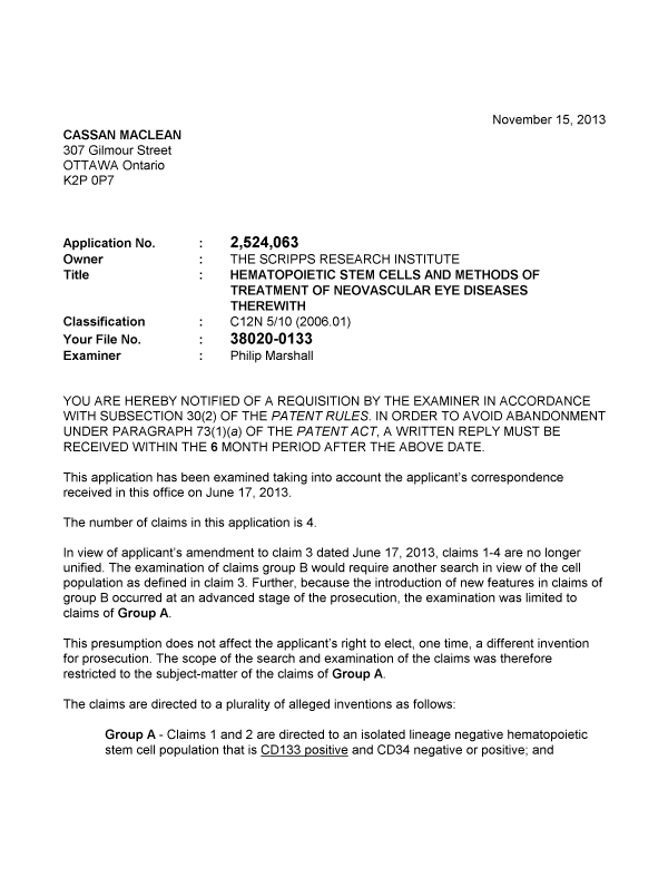 Canadian Patent Document 2524063. Prosecution-Amendment 20131115. Image 1 of 3