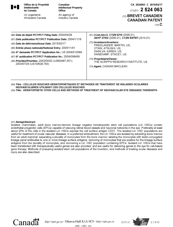 Canadian Patent Document 2524063. Cover Page 20150128. Image 1 of 1