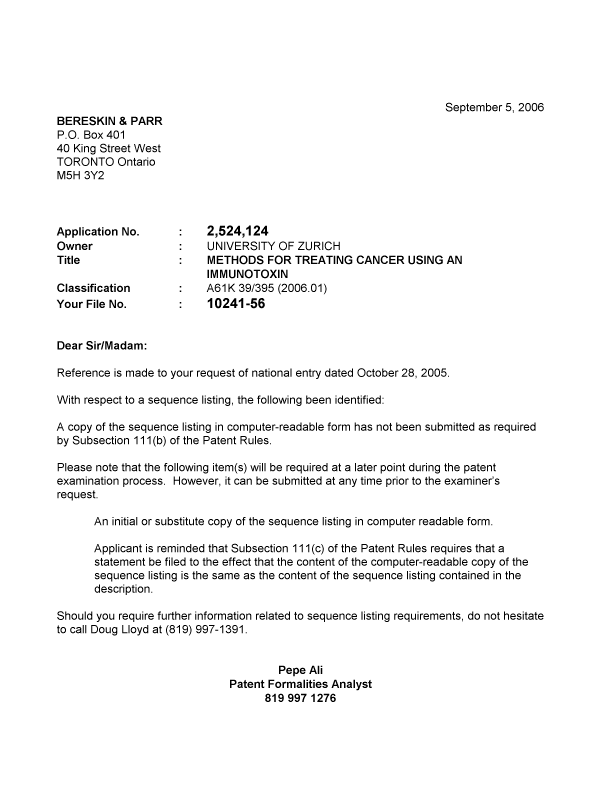Canadian Patent Document 2524124. Correspondence 20060831. Image 1 of 1