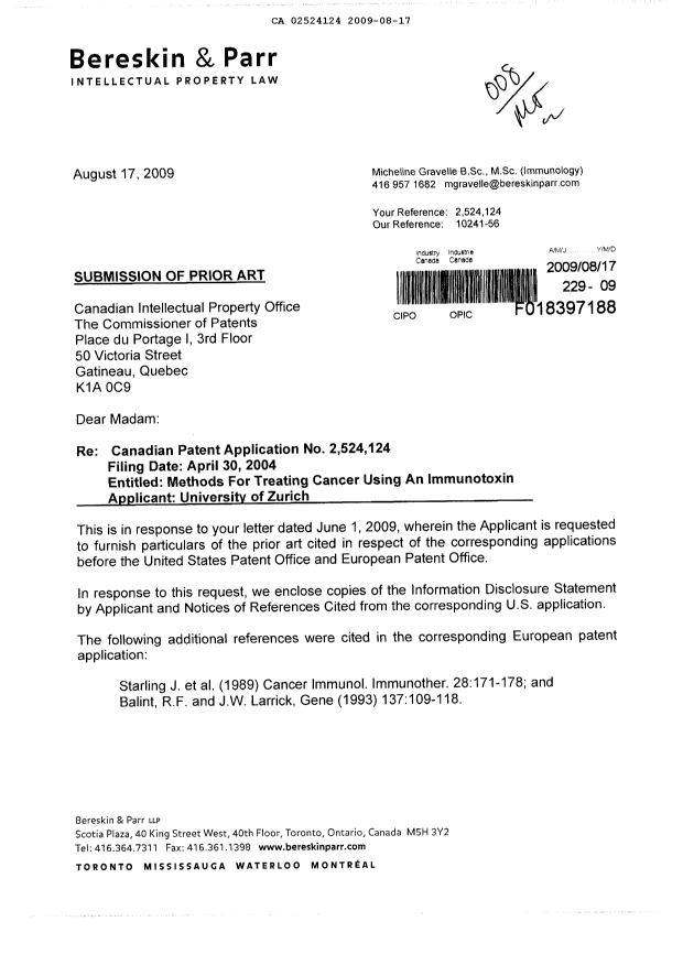 Canadian Patent Document 2524124. Prosecution-Amendment 20090817. Image 1 of 2