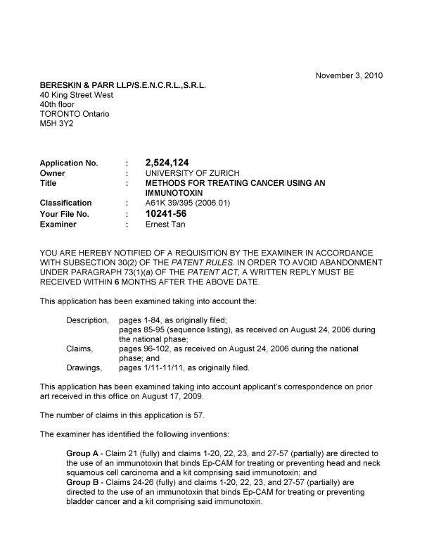 Canadian Patent Document 2524124. Prosecution-Amendment 20101103. Image 1 of 5
