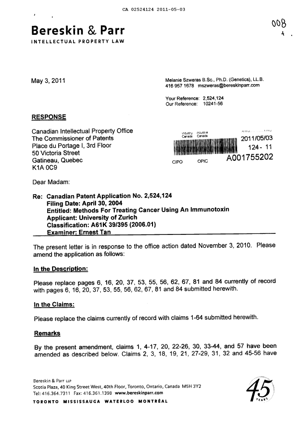 Canadian Patent Document 2524124. Prosecution-Amendment 20110503. Image 1 of 29