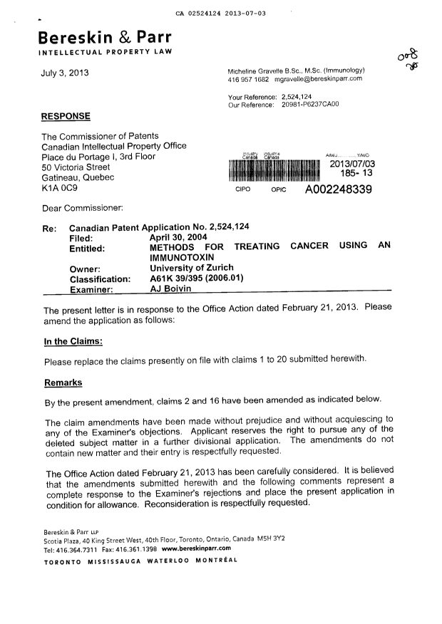 Canadian Patent Document 2524124. Prosecution-Amendment 20130703. Image 1 of 6
