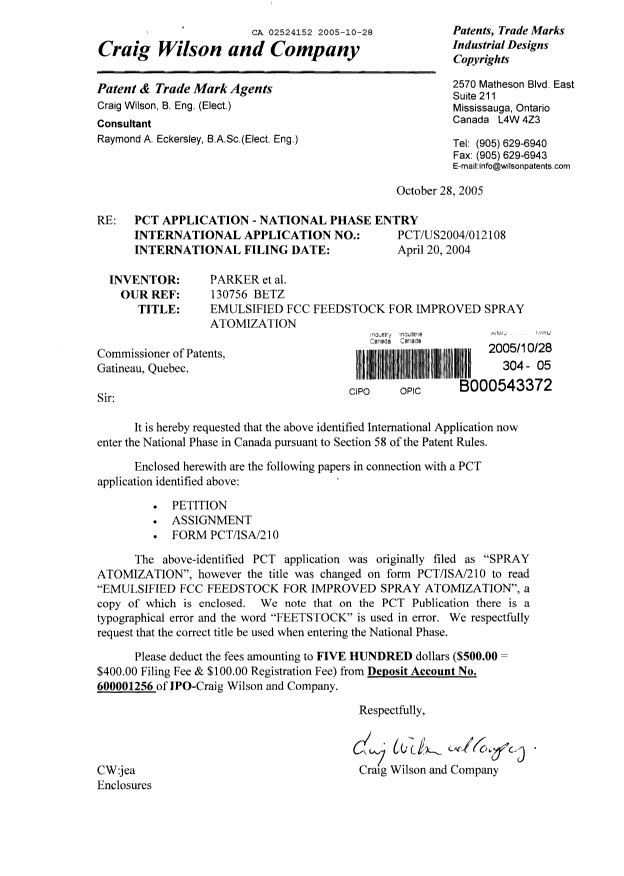 Document de brevet canadien 2524152. Cession 20051028. Image 1 de 6