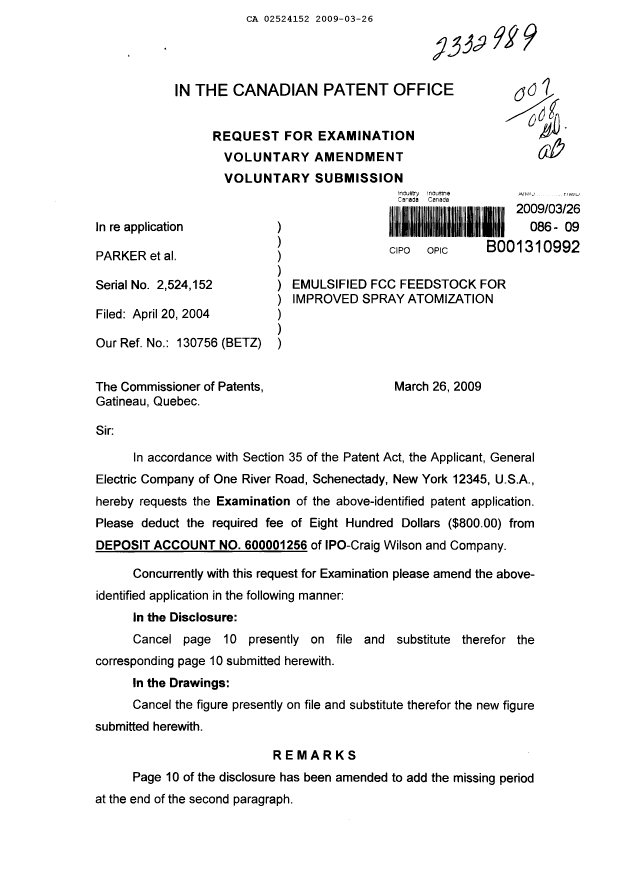 Document de brevet canadien 2524152. Poursuite-Amendment 20090326. Image 1 de 4