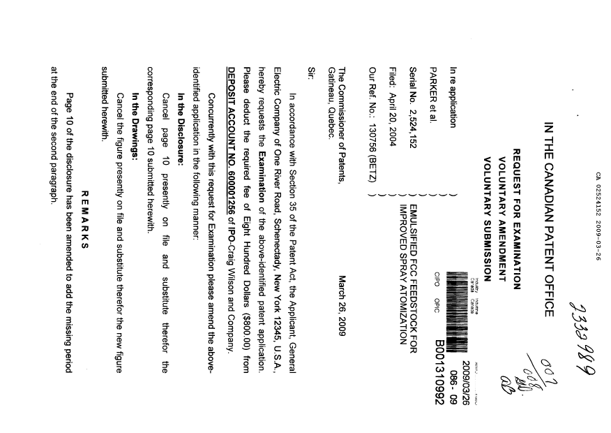 Canadian Patent Document 2524152. Prosecution-Amendment 20090326. Image 1 of 4