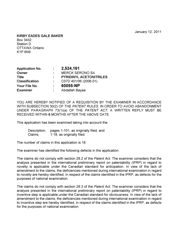 Canadian Patent Document 2524161. Prosecution-Amendment 20110112. Image 1 of 3