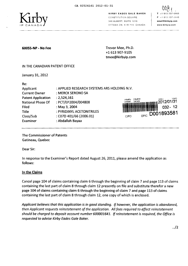 Canadian Patent Document 2524161. Prosecution-Amendment 20120131. Image 1 of 4