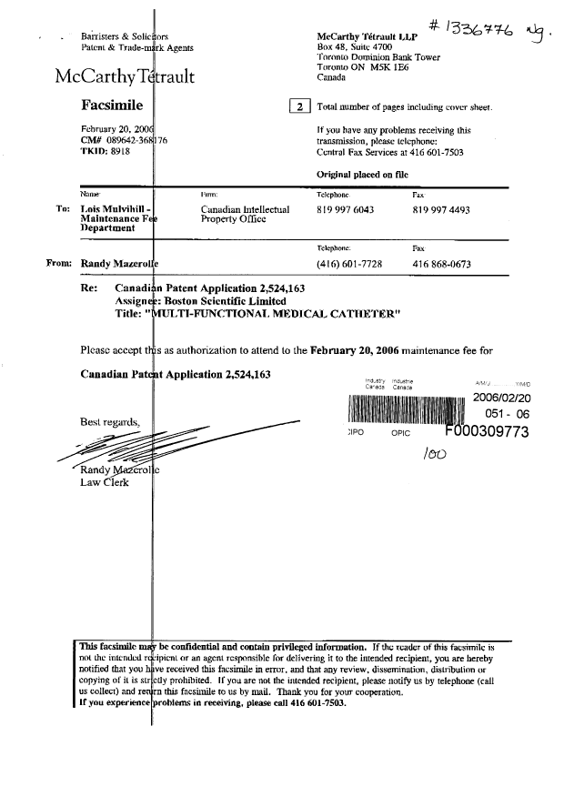 Document de brevet canadien 2524163. Taxes 20060220. Image 1 de 2