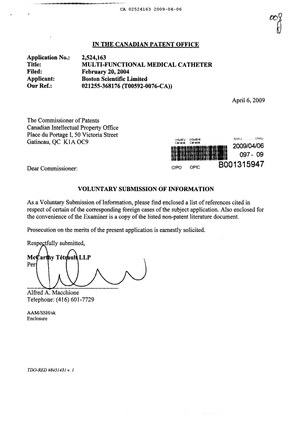 Canadian Patent Document 2524163. Prosecution-Amendment 20090406. Image 1 of 1