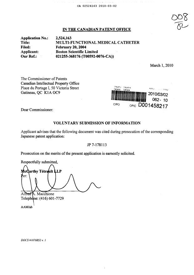 Canadian Patent Document 2524163. Prosecution-Amendment 20100302. Image 1 of 1