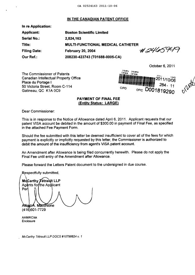Document de brevet canadien 2524163. Correspondance 20111006. Image 1 de 1