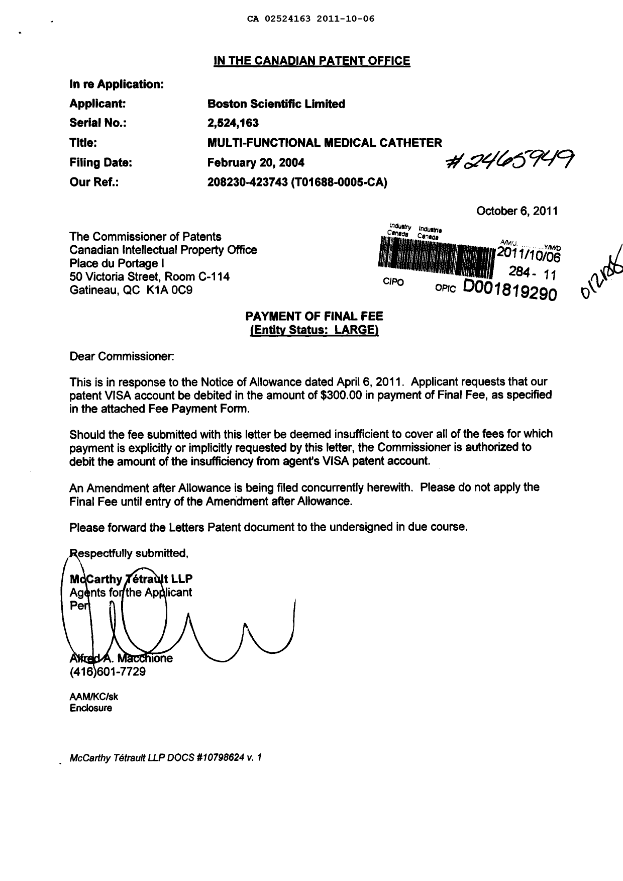 Canadian Patent Document 2524163. Correspondence 20111006. Image 1 of 1