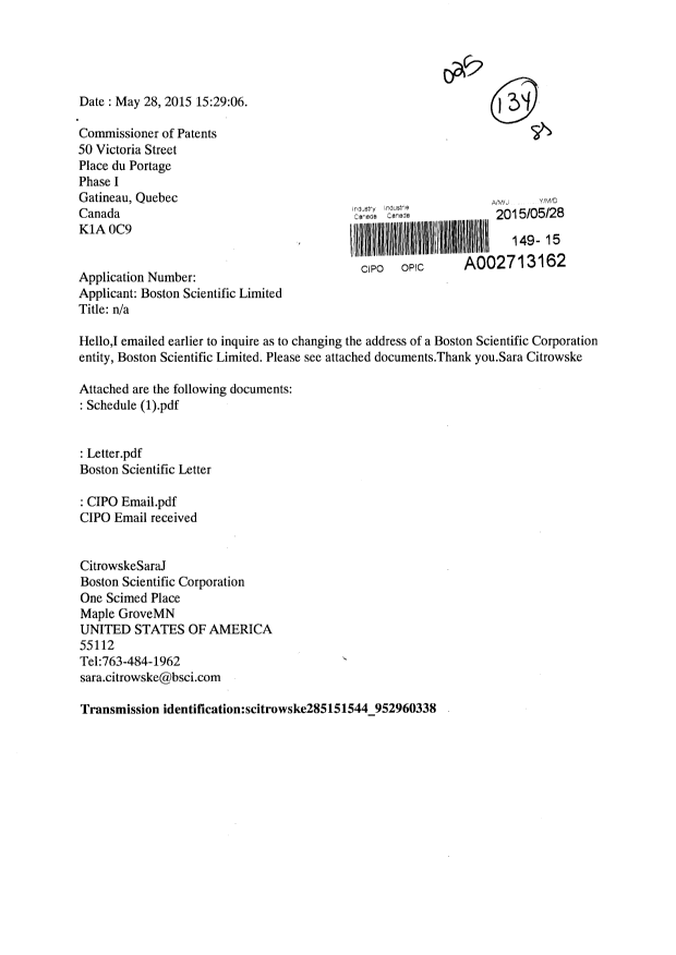Document de brevet canadien 2524163. Cession 20150528. Image 1 de 9
