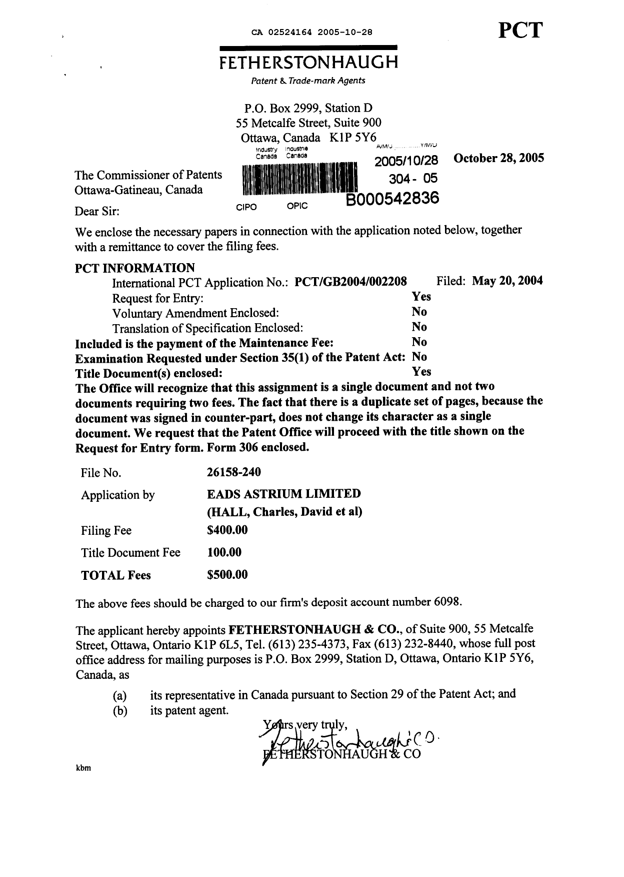 Document de brevet canadien 2524164. Cession 20051028. Image 1 de 5