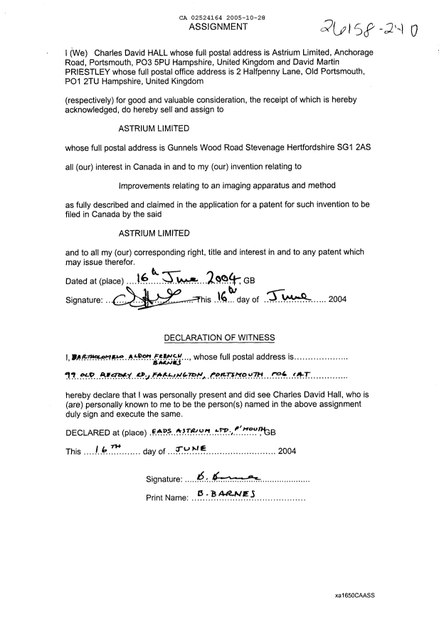 Document de brevet canadien 2524164. Cession 20051028. Image 5 de 5