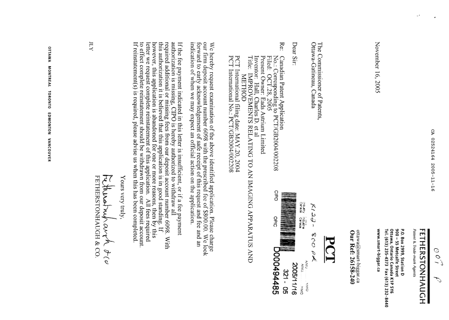 Document de brevet canadien 2524164. Poursuite-Amendment 20051116. Image 1 de 1