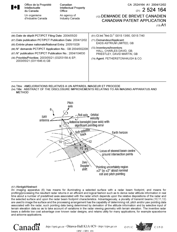 Canadian Patent Document 2524164. Cover Page 20060106. Image 1 of 1