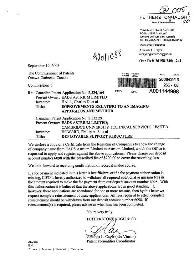Canadian Patent Document 2524164. Assignment 20080919. Image 1 of 2