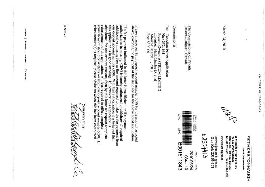 Document de brevet canadien 2524164. Correspondance 20100324. Image 1 de 1