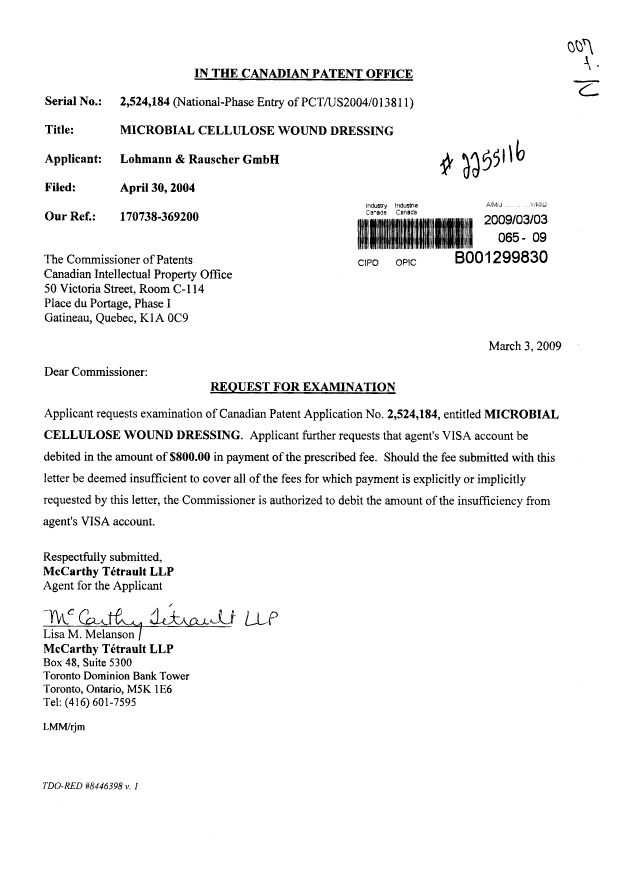 Canadian Patent Document 2524184. Prosecution-Amendment 20090303. Image 1 of 1