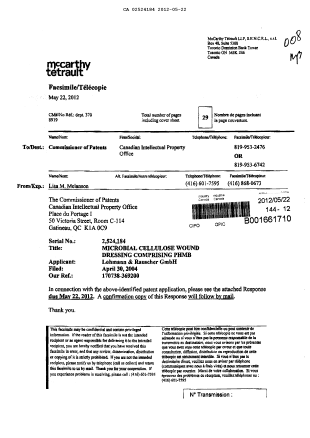 Canadian Patent Document 2524184. Prosecution-Amendment 20120522. Image 1 of 29