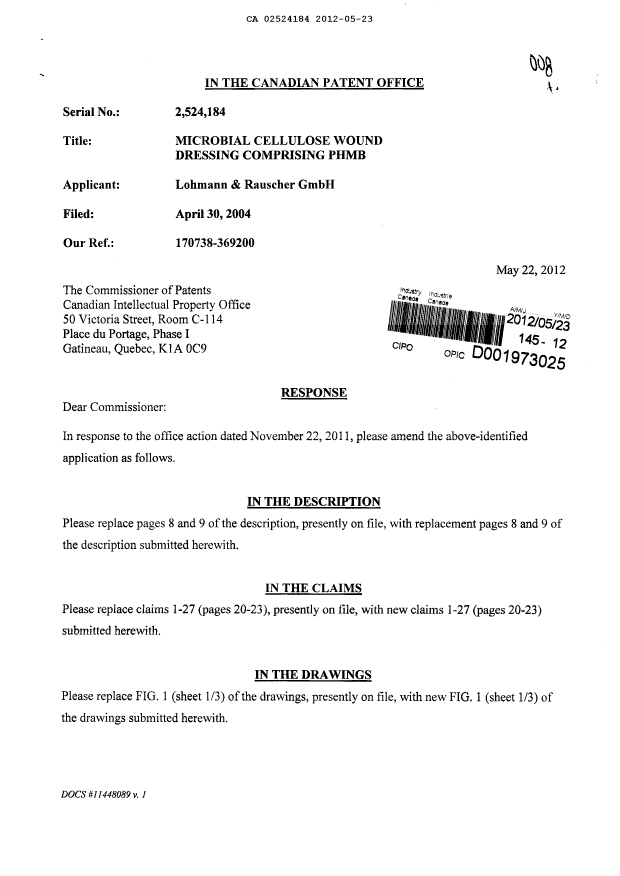 Canadian Patent Document 2524184. Prosecution-Amendment 20120523. Image 1 of 29