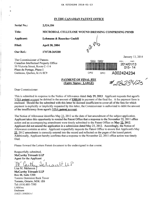 Canadian Patent Document 2524184. Correspondence 20140113. Image 1 of 1
