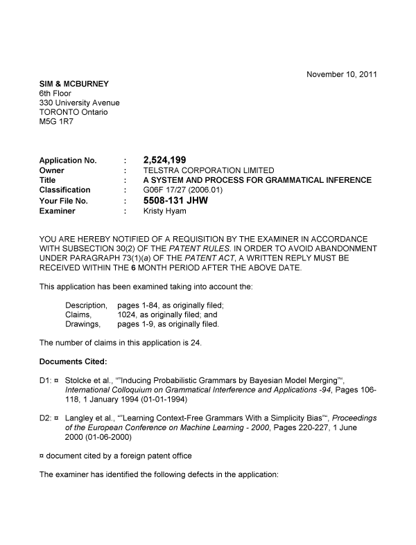 Canadian Patent Document 2524199. Prosecution-Amendment 20111110. Image 1 of 3