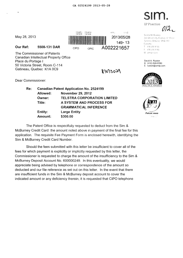 Canadian Patent Document 2524199. Correspondence 20130528. Image 1 of 2