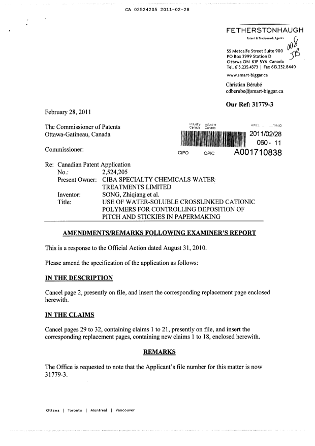 Canadian Patent Document 2524205. Prosecution-Amendment 20110228. Image 1 of 11