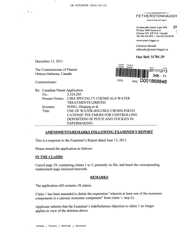 Canadian Patent Document 2524205. Prosecution-Amendment 20111213. Image 1 of 3