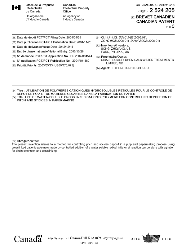 Canadian Patent Document 2524205. Cover Page 20121121. Image 1 of 1