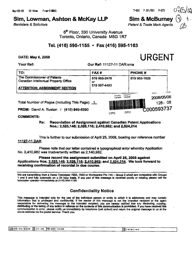 Canadian Patent Document 2524214. Assignment 20080506. Image 1 of 1