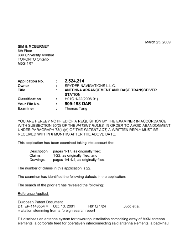 Canadian Patent Document 2524214. Prosecution-Amendment 20090323. Image 1 of 2