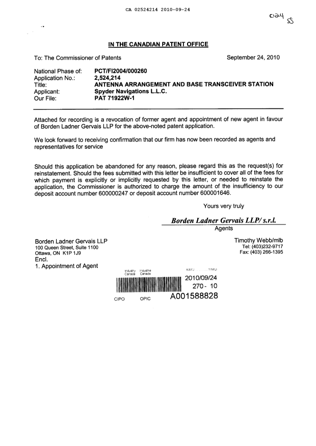 Canadian Patent Document 2524214. Correspondence 20100924. Image 1 of 2