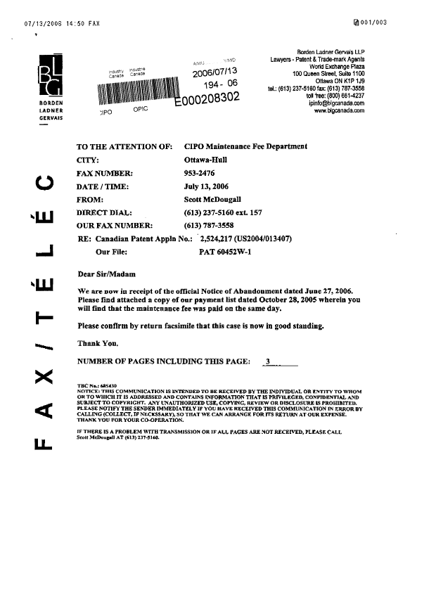 Canadian Patent Document 2524217. Correspondence 20060713. Image 1 of 3