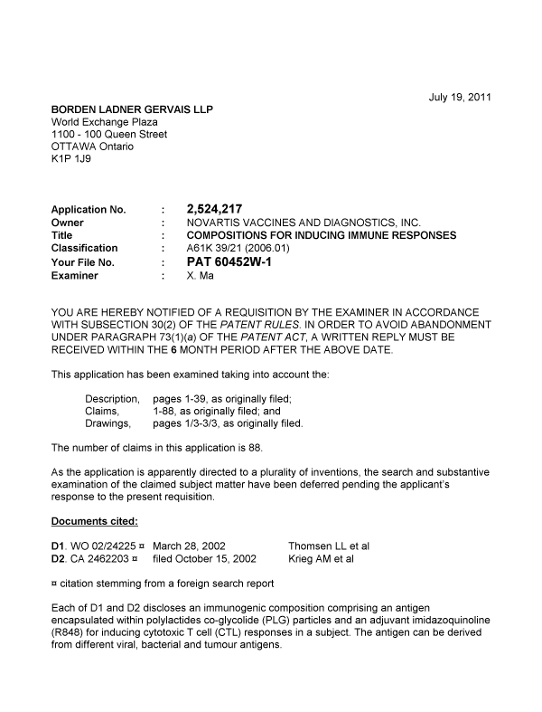 Canadian Patent Document 2524217. Prosecution-Amendment 20110719. Image 1 of 3