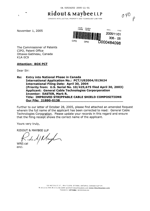 Canadian Patent Document 2524252. Correspondence 20051101. Image 1 of 3