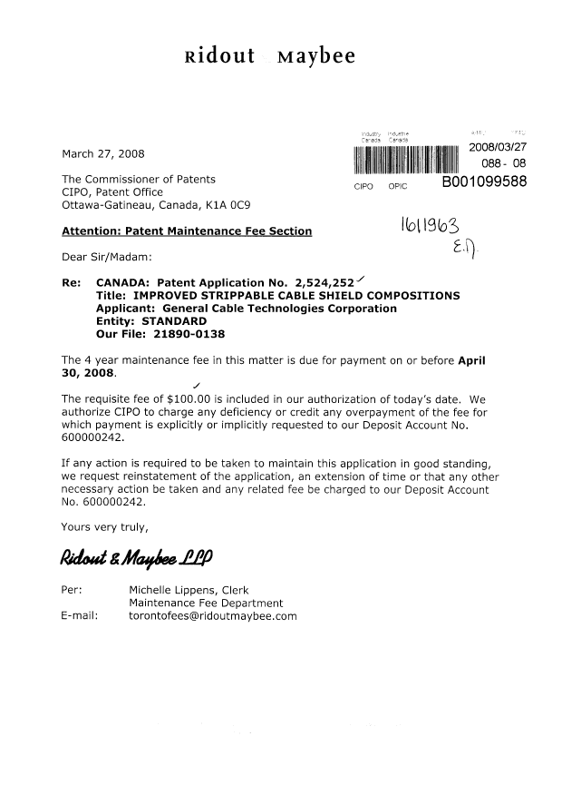 Canadian Patent Document 2524252. Fees 20080327. Image 1 of 1