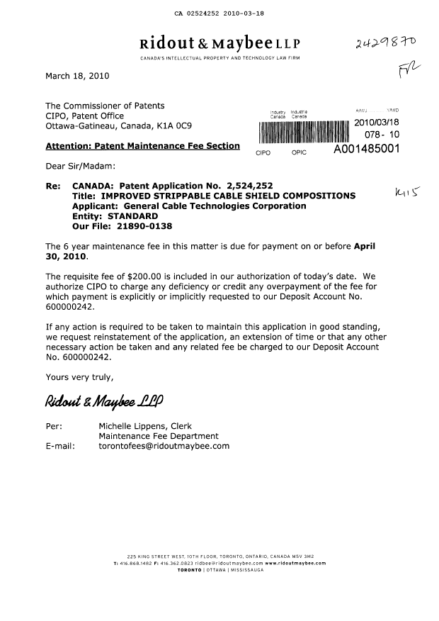 Canadian Patent Document 2524252. Fees 20100318. Image 1 of 1