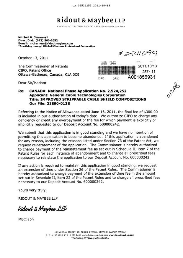 Canadian Patent Document 2524252. Correspondence 20111013. Image 1 of 1