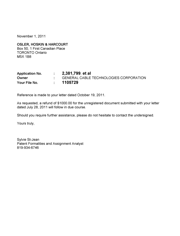 Canadian Patent Document 2524252. Correspondence 20111101. Image 1 of 1