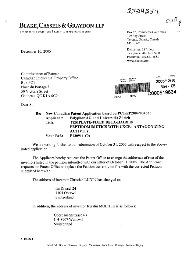 Canadian Patent Document 2524253. Correspondence 20051216. Image 1 of 4
