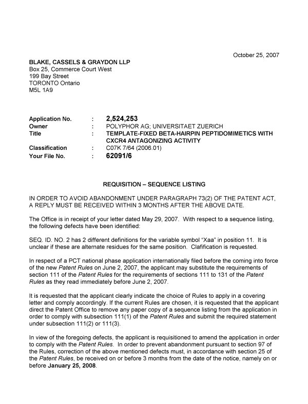 Canadian Patent Document 2524253. Correspondence 20071025. Image 1 of 2